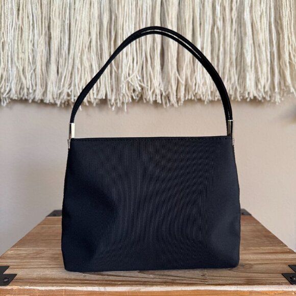 Nine West Handbags - Vintage Nine West Black Fabric Double Top Handle Silver Logo Hardware Small Bag